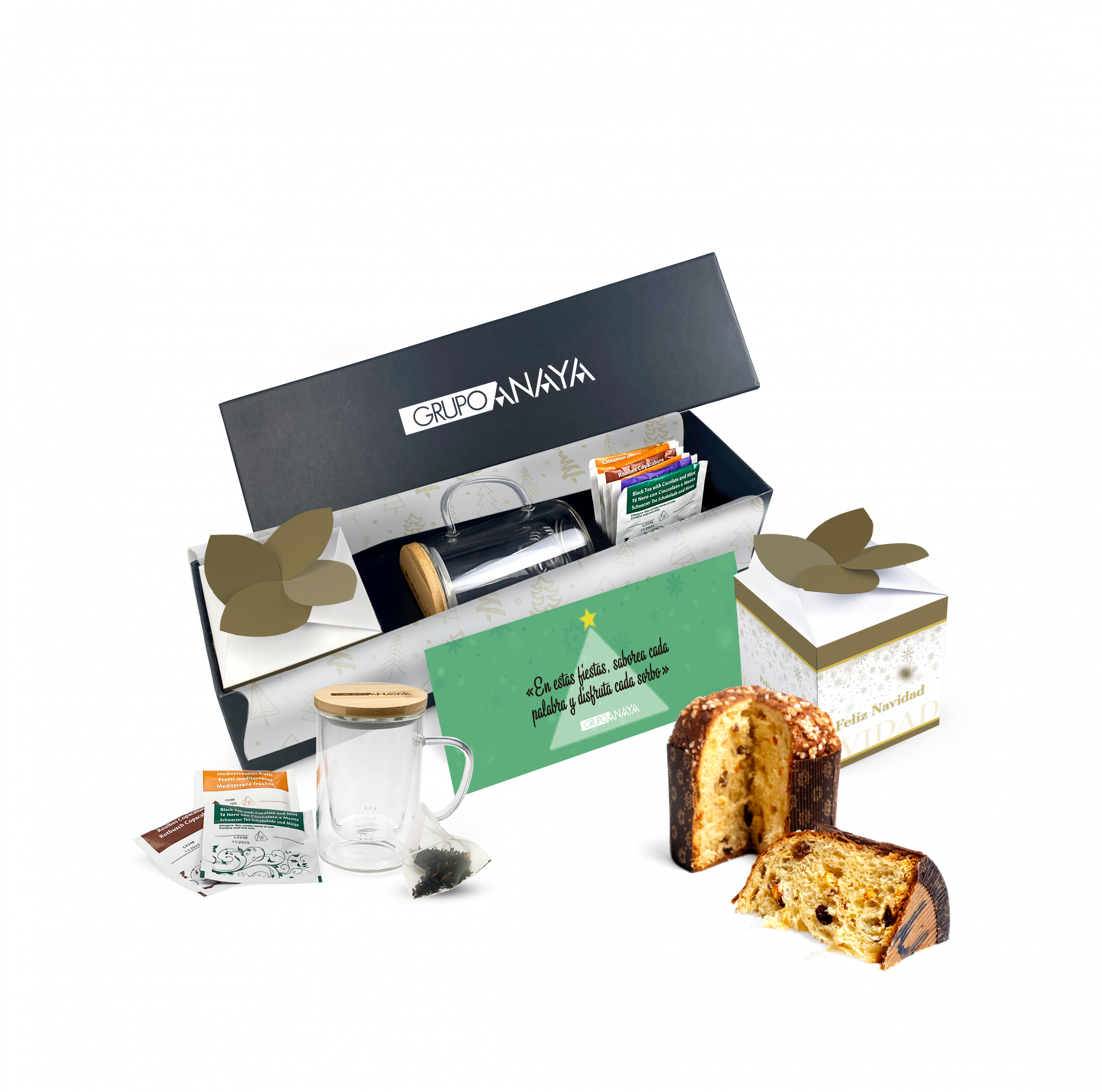 Lote con panettone, tada infusora y tés