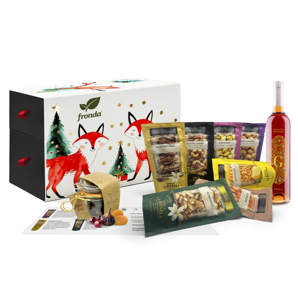 Cofre dúo frutos secos premium, frutas deshidratadas y vino dulce